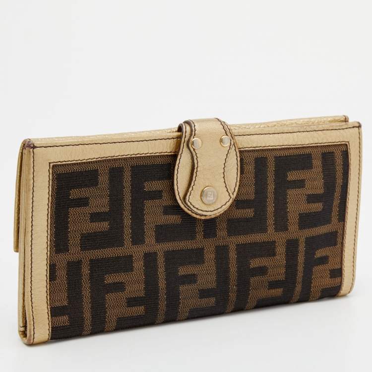 Pre Owned Fendi Brown/Gold Zucca Canvas and Leather Continental Wallet