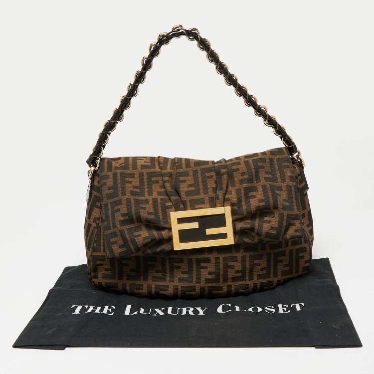 Pre Owned Fendi Tobacco Zucca Canvas and Patent Leather Mia Flap Shoulder Bag