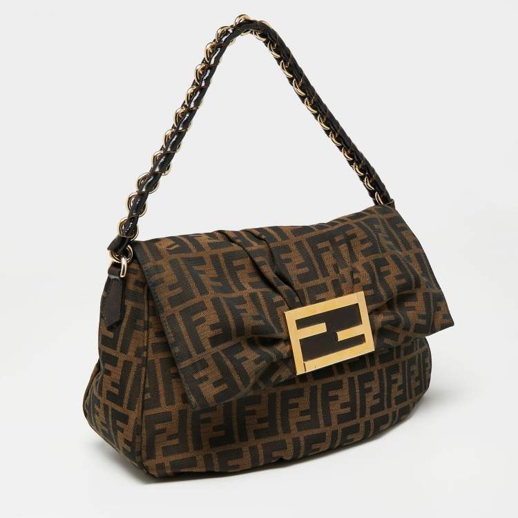 Pre Owned Fendi Tobacco Zucca Canvas and Patent Leather Mia Flap Shoulder Bag