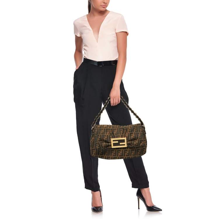 Pre Owned Fendi Tobacco Zucca Canvas and Patent Leather Mia Flap Shoulder Bag