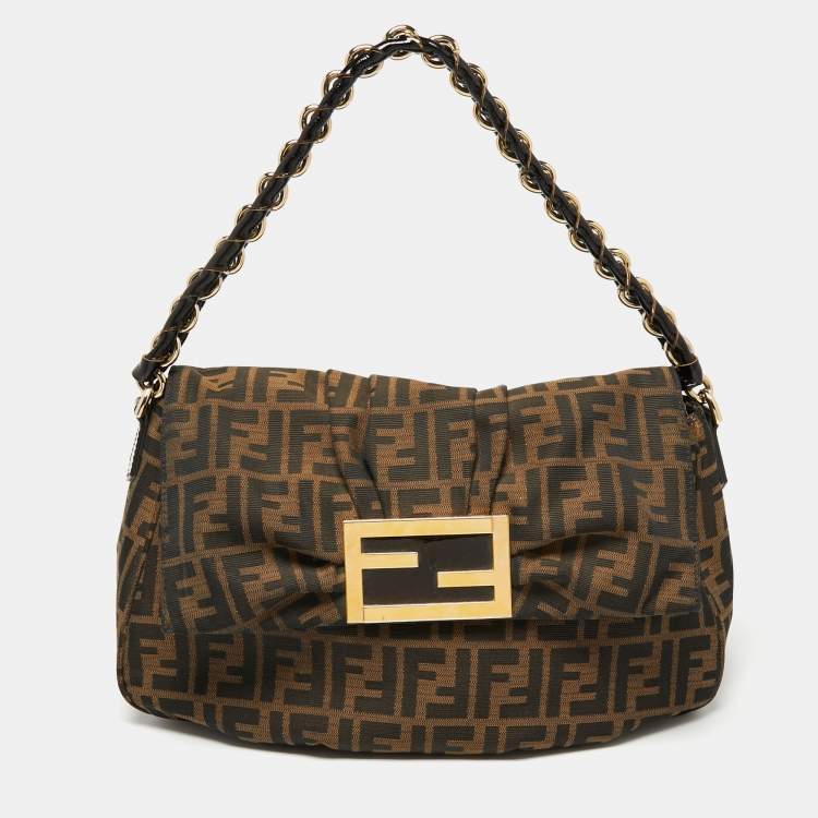 Pre Owned Fendi Tobacco Zucca Canvas and Patent Leather Mia Flap Shoulder Bag