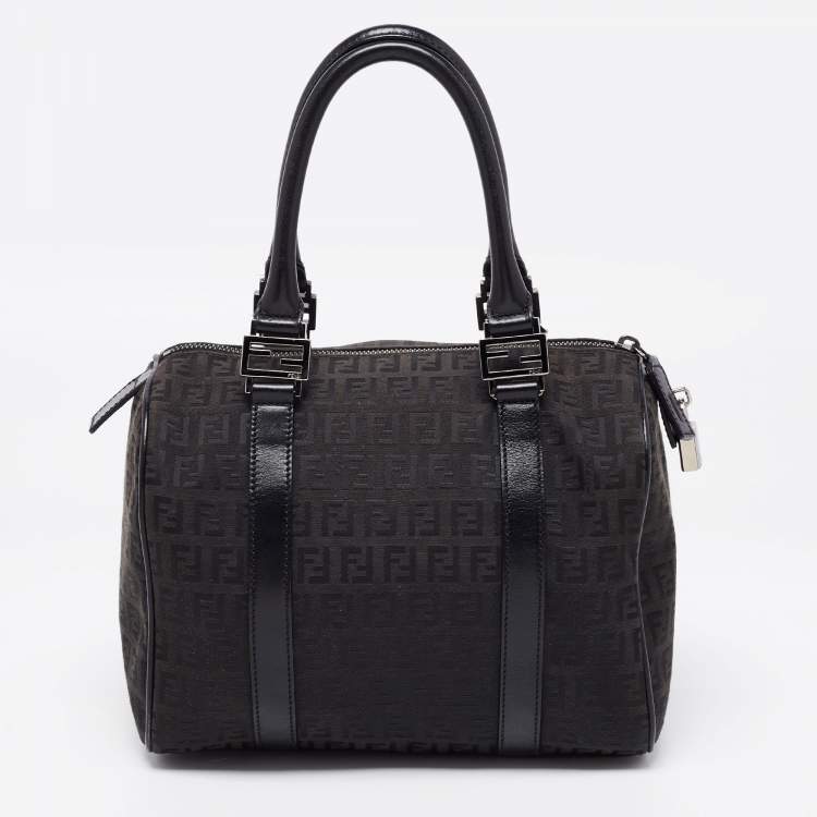 Pre Owned Fendi Black Zucchino Canvas and Leather Forever Bauletto Bag