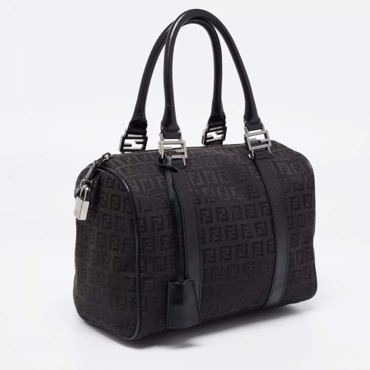 Pre Owned Fendi Black Zucchino Canvas and Leather Forever Bauletto Bag