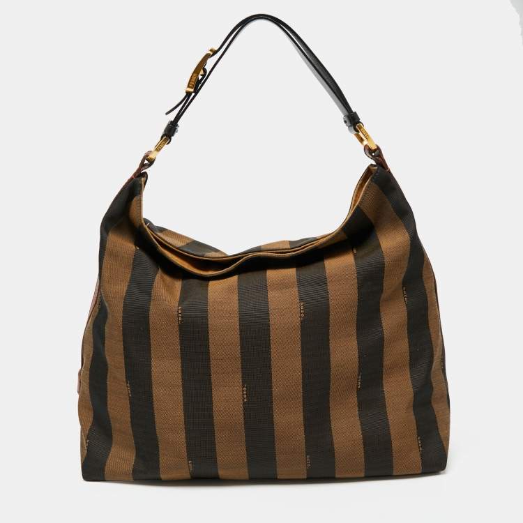 Pre Owned Fendi Tobacco/Black Pequin Striped Canvas And Leather Hobo
