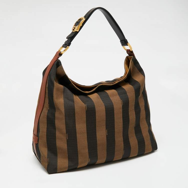 Pre Owned Fendi Tobacco/Black Pequin Striped Canvas And Leather Hobo