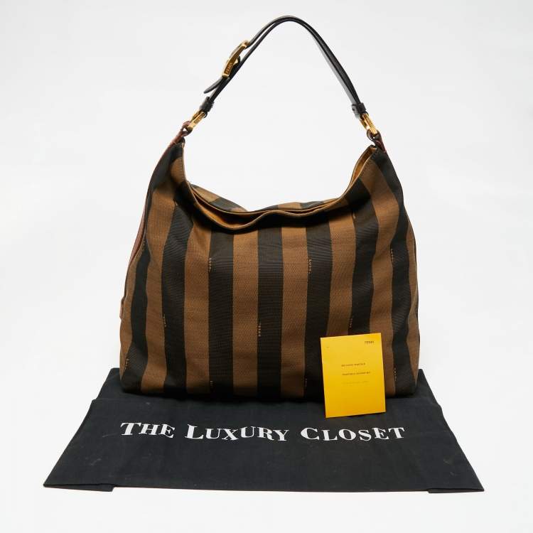 Pre Owned Fendi Tobacco/Black Pequin Striped Canvas And Leather Hobo