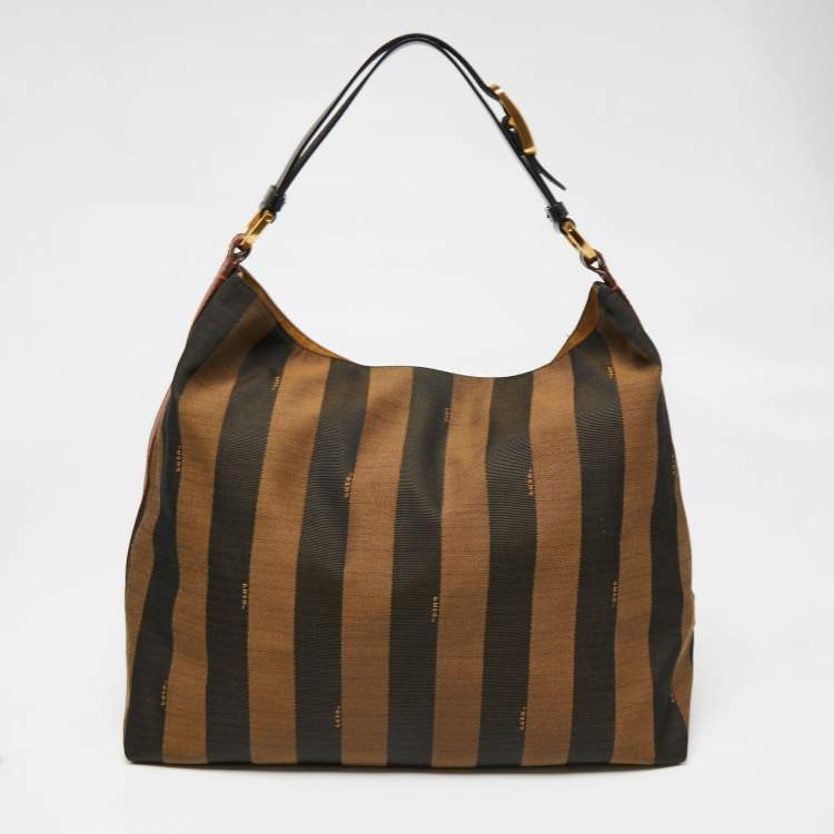 Pre Owned Fendi Tobacco/Black Pequin Striped Canvas And Leather Hobo