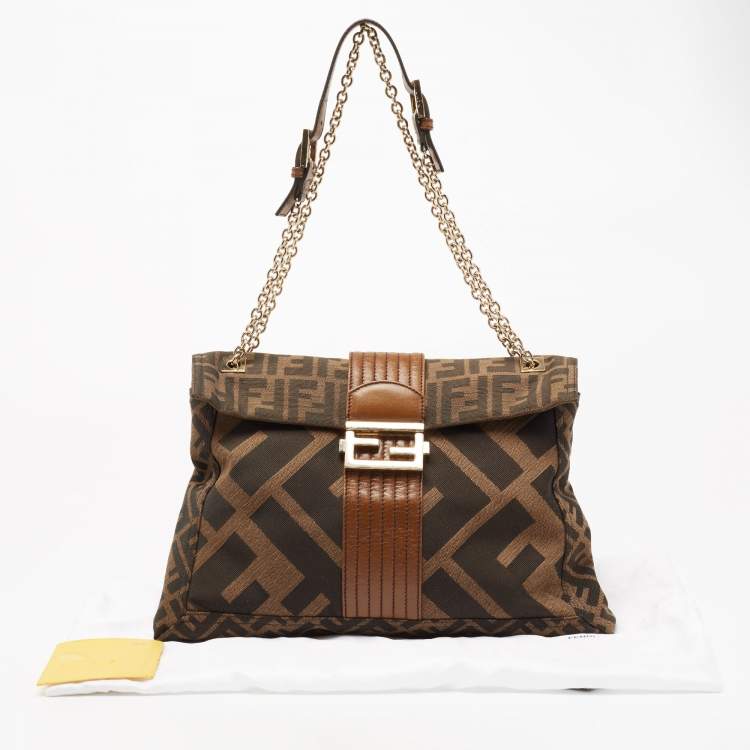 Pre Owned Fendi Tobacco Zucca Canvas and Leather Maxi Baguette Flap Shoulder Bag