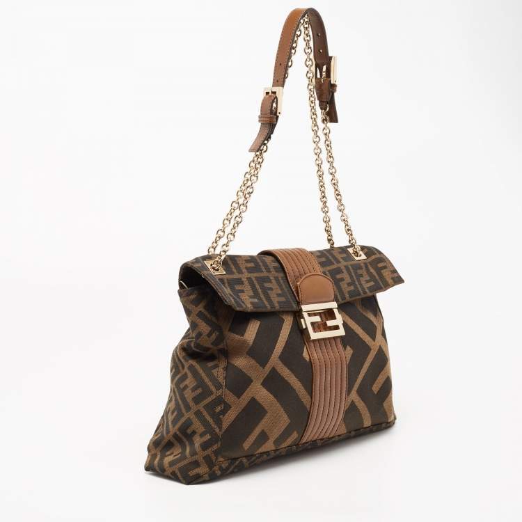 Pre Owned Fendi Tobacco Zucca Canvas and Leather Maxi Baguette Flap Shoulder Bag
