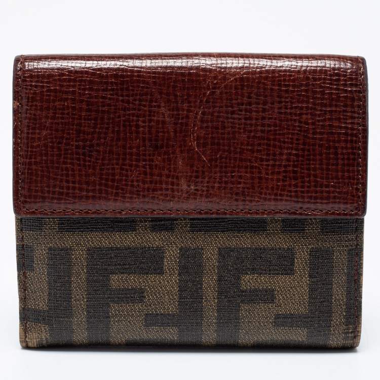 Pre Owned Fendi Tobacco Zucca Coated Canvas and Leather Compact Wallet