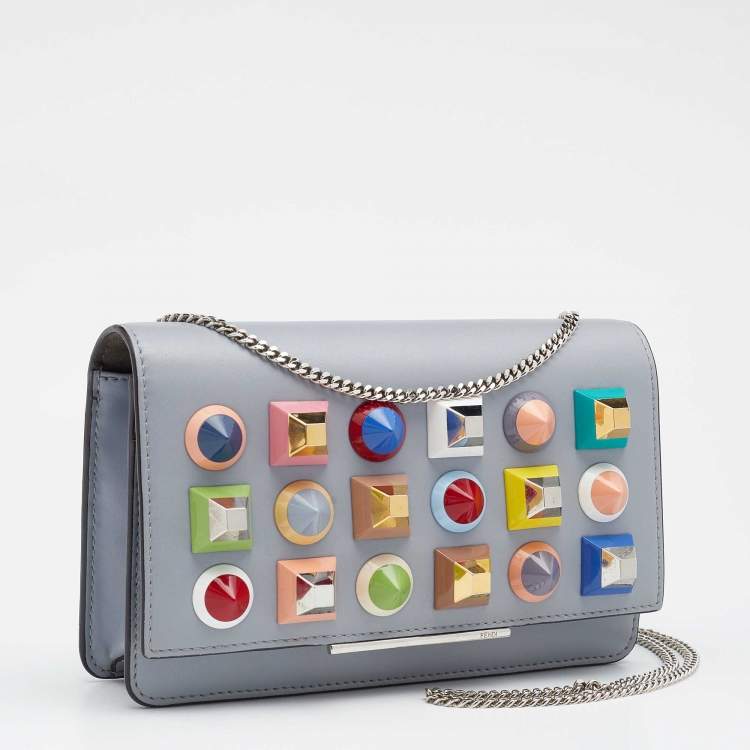 Pre Owned Fendi Grey Leather Studded Flap Wallet On Chain