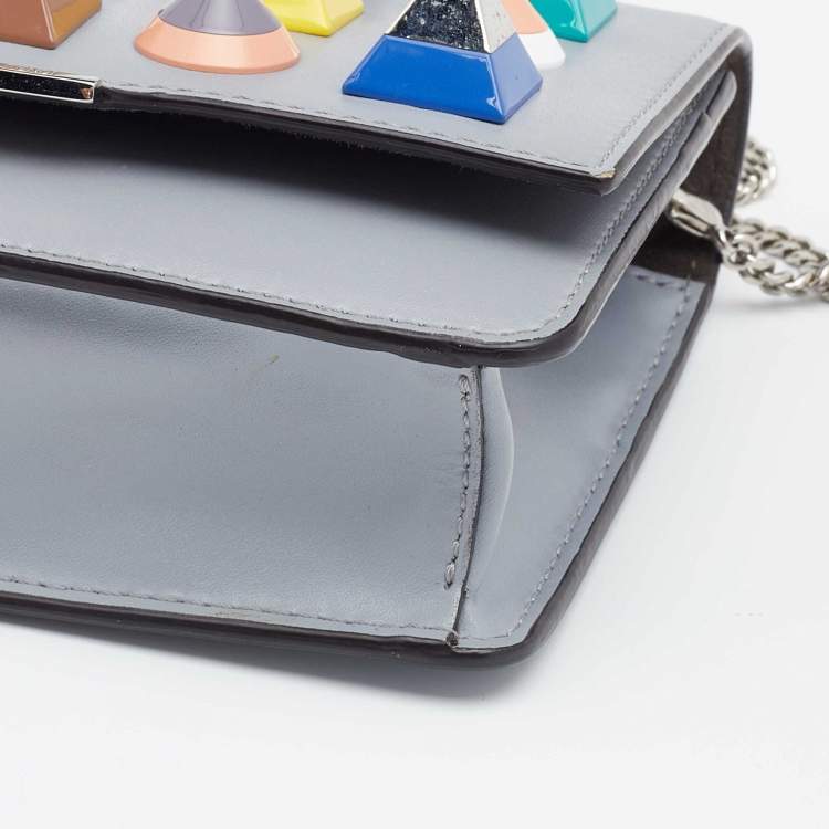 Pre Owned Fendi Grey Leather Studded Flap Wallet On Chain