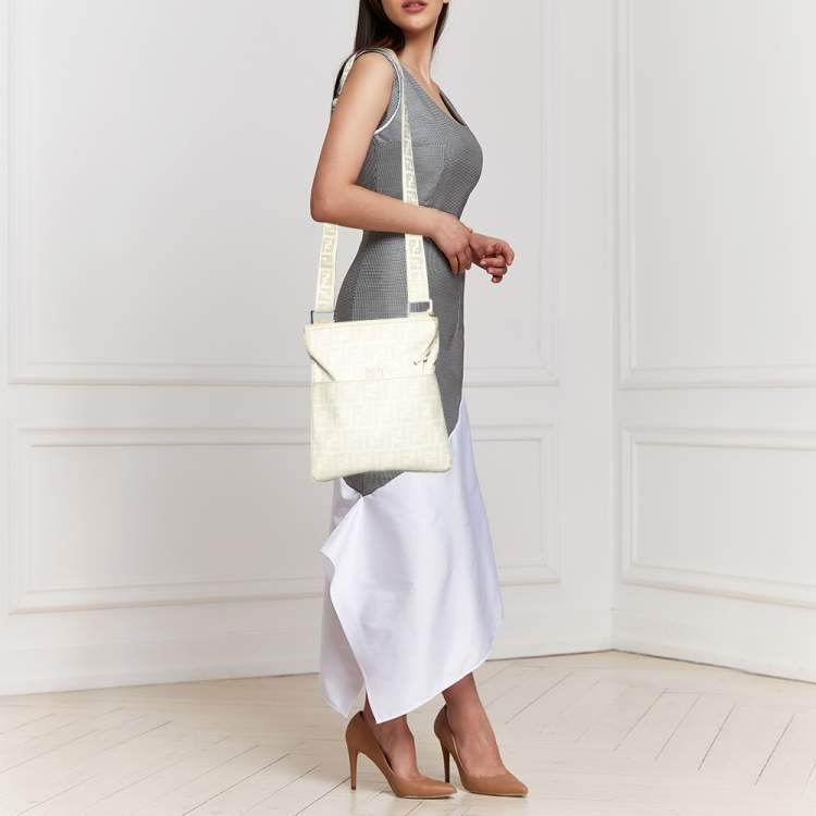 Pre Owned Fendi White Zucca Coated Canvas Messenger Bag