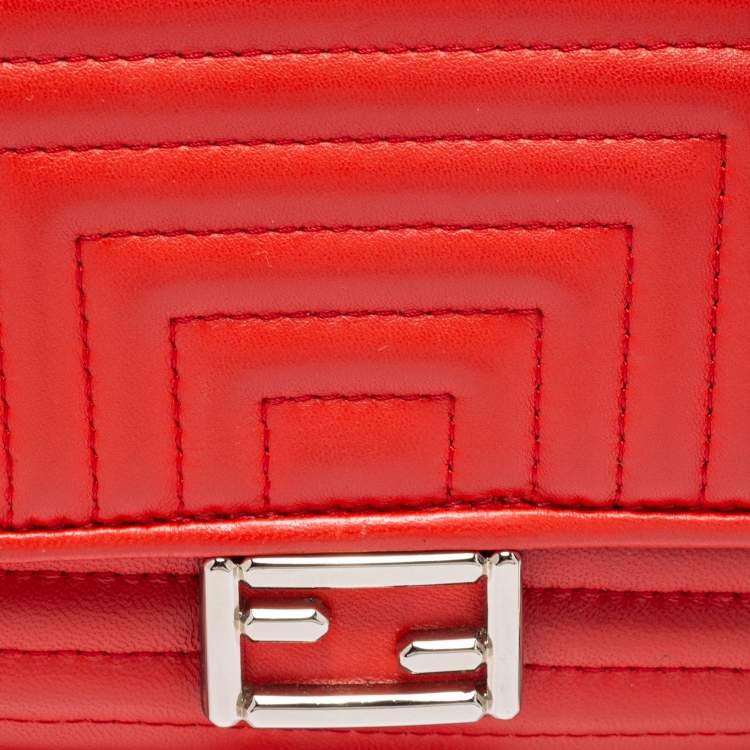 Pre Owned Fendi Red Lipstick Quilted Leather Micro Double Baguette Bag