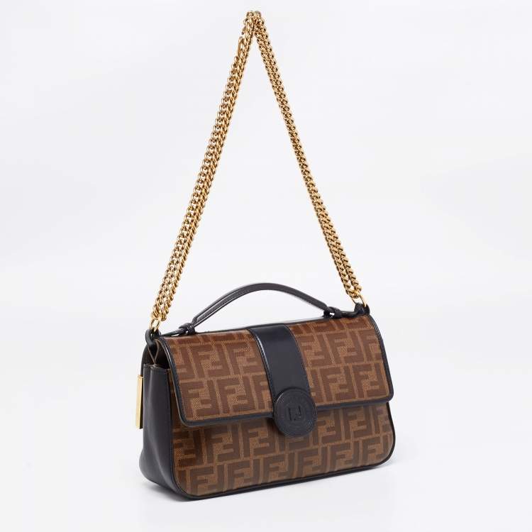 Pre Owned Fendi Tobacco/Black Zucca Coated Canvas and Leather Double F Top Handle Bag