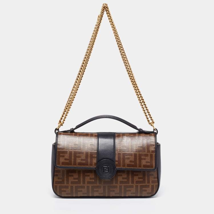 Fendi Tobacco Black Zucca Coated Canvas and Leather Double F Top Handle Bag Fendi The Luxury Closet