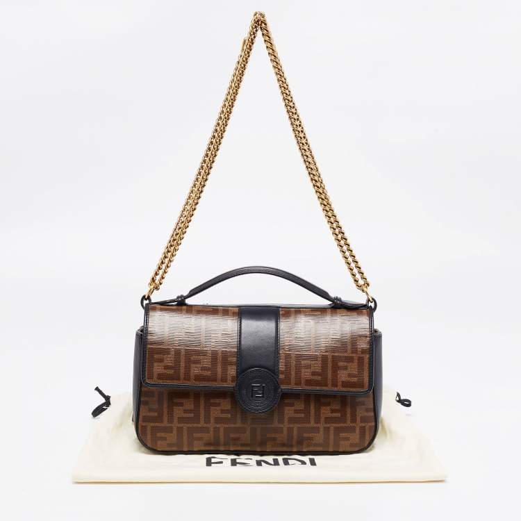 Pre Owned Fendi Tobacco/Black Zucca Coated Canvas and Leather Double F Top Handle Bag