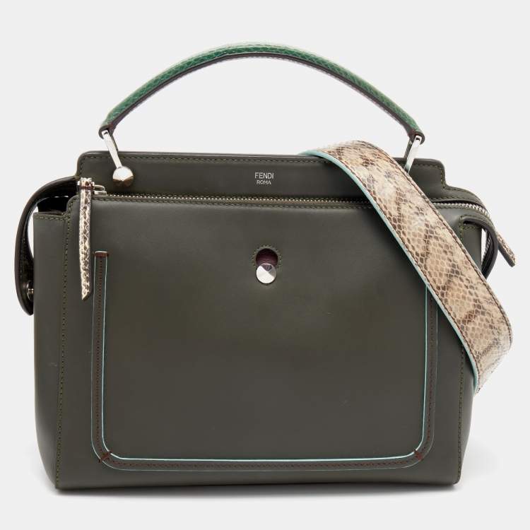 Pre Owned Fendi Olive Green Leather And Python Dot Com Top Handle Bag