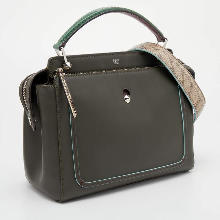 Pre Owned Fendi Olive Green Leather And Python Dot Com Top Handle Bag