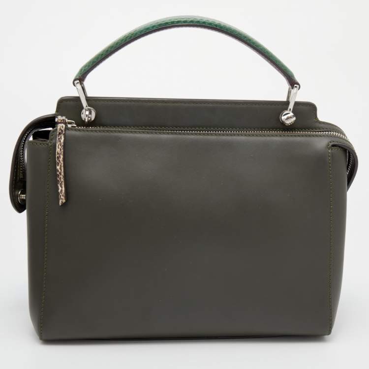 Pre Owned Fendi Olive Green Leather And Python Dot Com Top Handle Bag