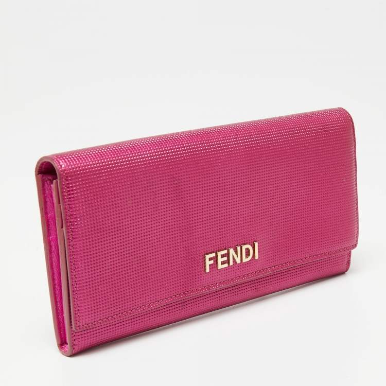Pre Owned Fendi Fuchsia Leather Logo Flap Continental Wallet
