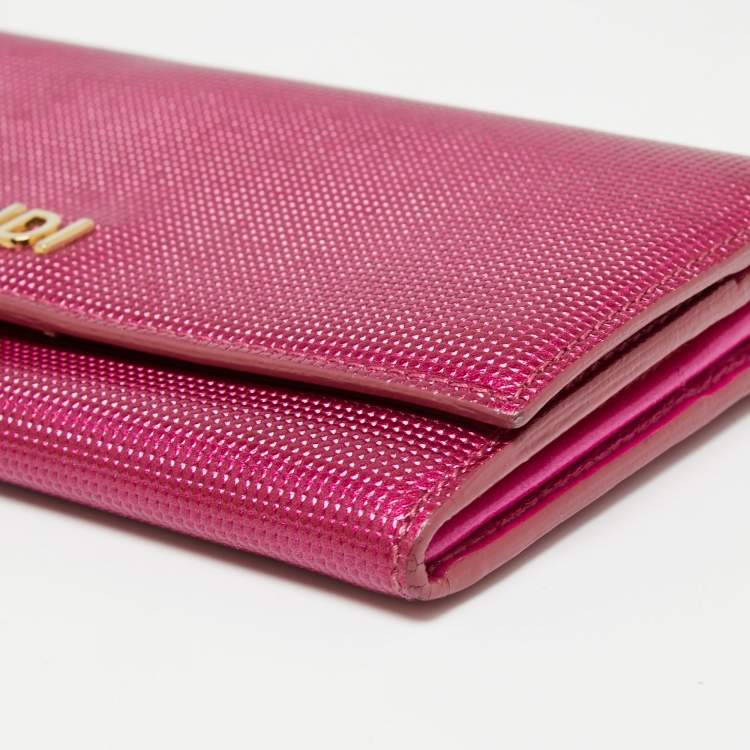 Pre Owned Fendi Fuchsia Leather Logo Flap Continental Wallet