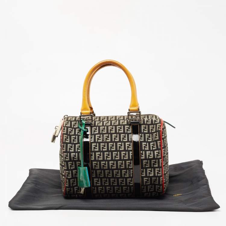 Pre Owned Fendi Multicolor Zucchino Canvas And Patent Leather Small Boston Bag