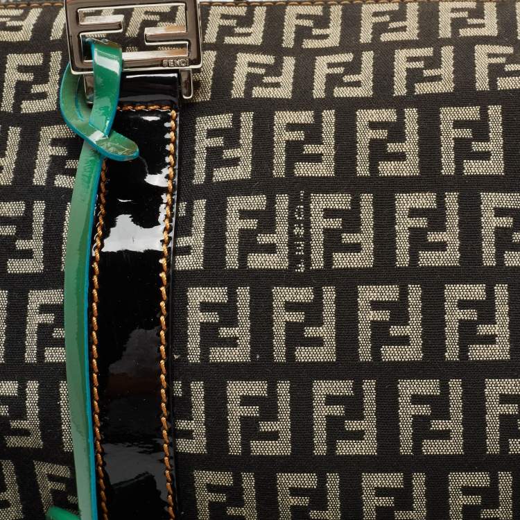 Pre Owned Fendi Multicolor Zucchino Canvas And Patent Leather Small Boston Bag