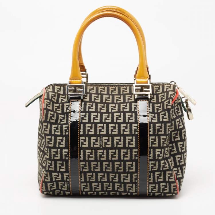 Pre Owned Fendi Multicolor Zucchino Canvas And Patent Leather Small Boston Bag