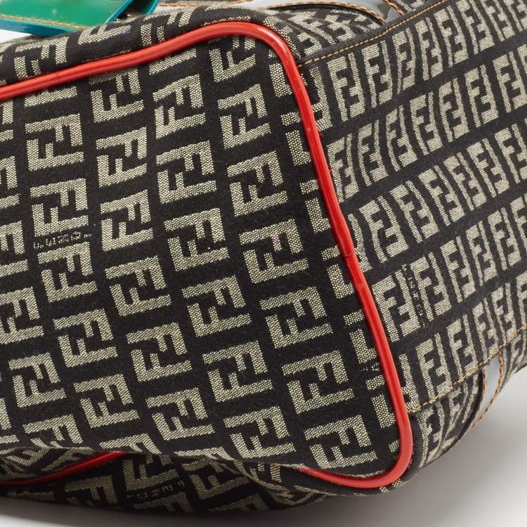 Pre Owned Fendi Multicolor Zucchino Canvas And Patent Leather Small Boston Bag