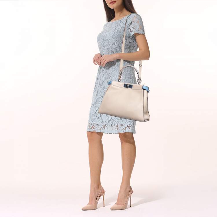 Pre Owned Fendi Light Beige Leather Peekaboo Braided Top Handle Bag