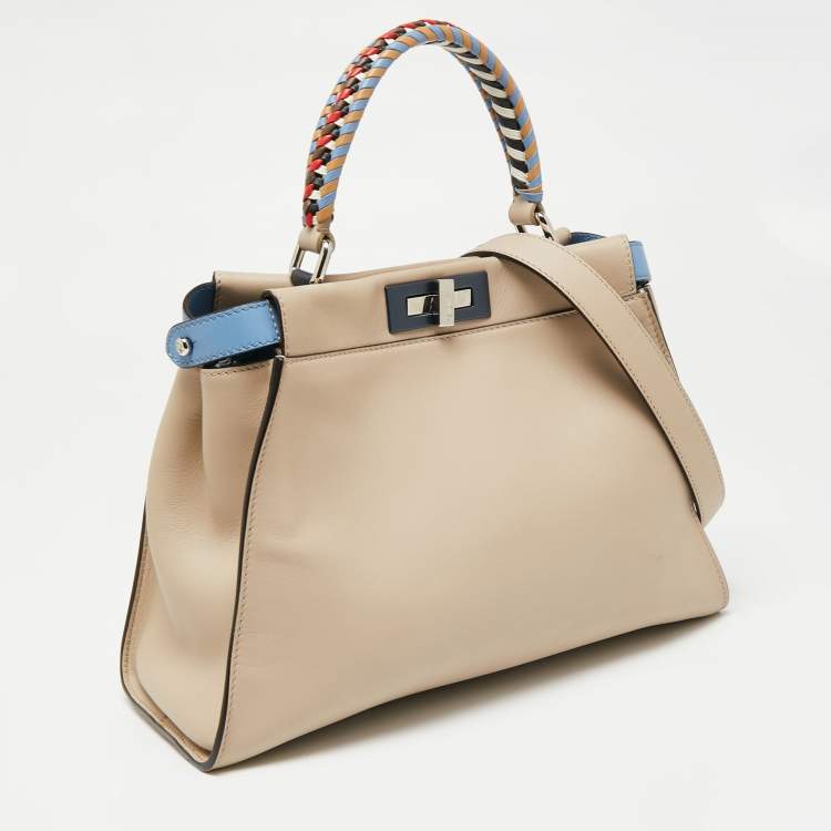 Pre Owned Fendi Light Beige Leather Peekaboo Braided Top Handle Bag