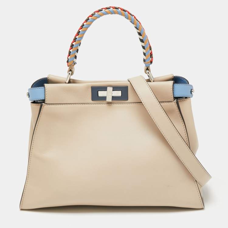 Pre Owned Fendi Light Beige Leather Peekaboo Braided Top Handle Bag