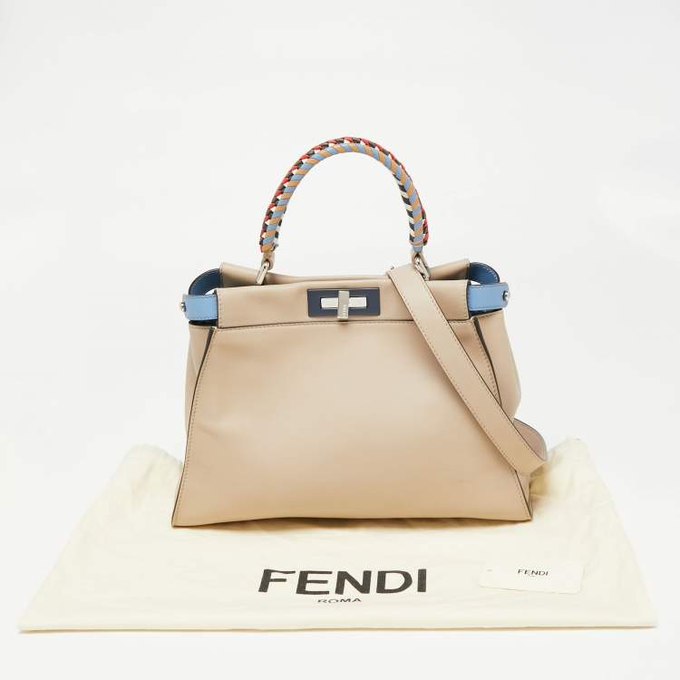 Pre Owned Fendi Light Beige Leather Peekaboo Braided Top Handle Bag