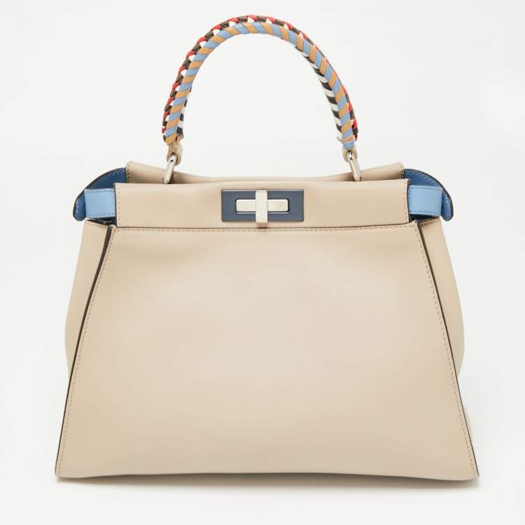 Pre Owned Fendi Light Beige Leather Peekaboo Braided Top Handle Bag