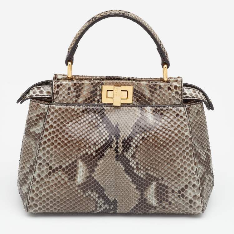 Pre Owned Fendi Grey Python Mini Peekaboo Top Handle Bag