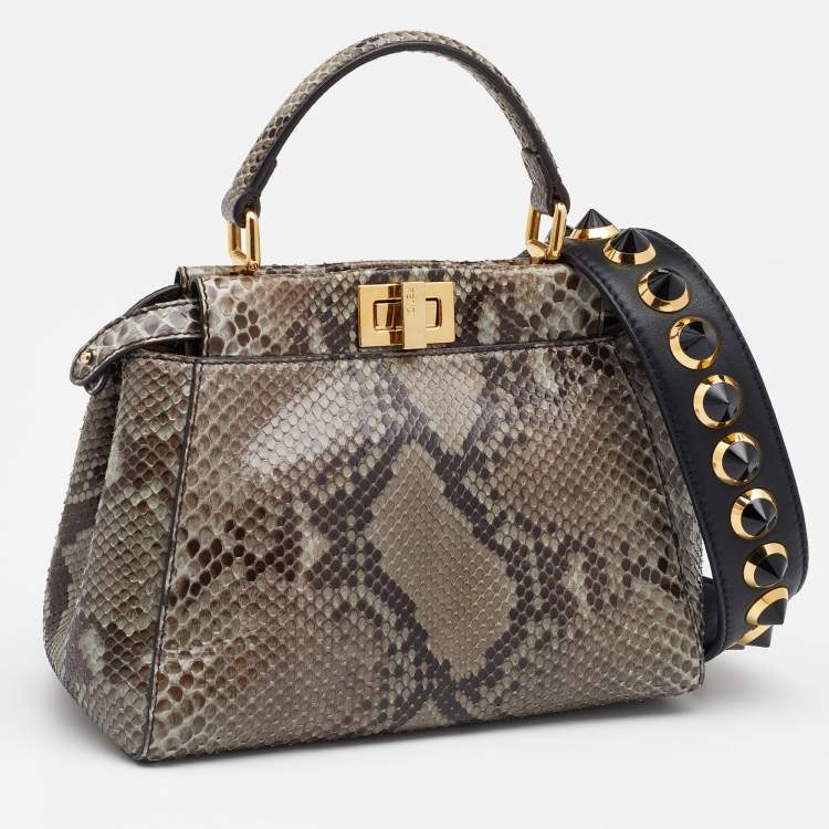 Pre Owned Fendi Grey Python Mini Peekaboo Top Handle Bag