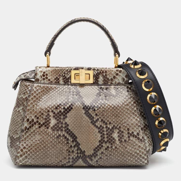 Pre Owned Fendi Grey Python Mini Peekaboo Top Handle Bag