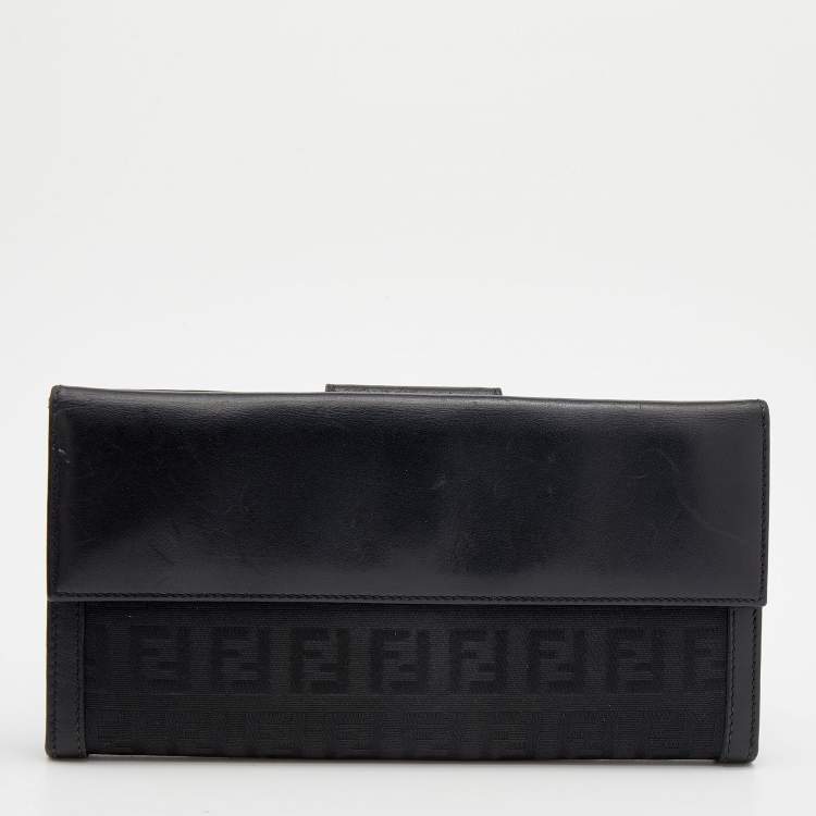 Pre Owned Fendi Black Zucchino Canvas and Leather Continental Wallet
