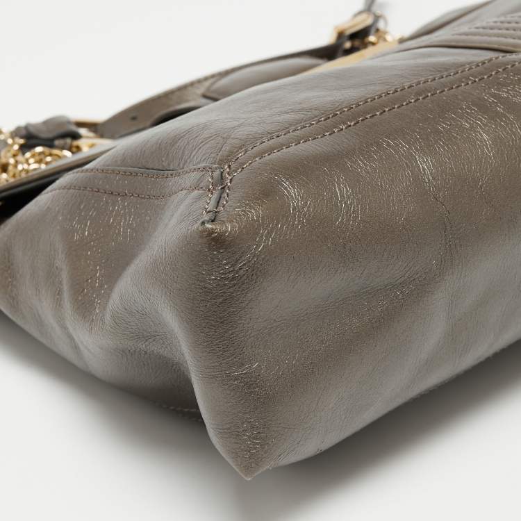 Pre Owned Fendi Metallic Grey Leather Maxi Studded Baguette Flap Shoulder Bag