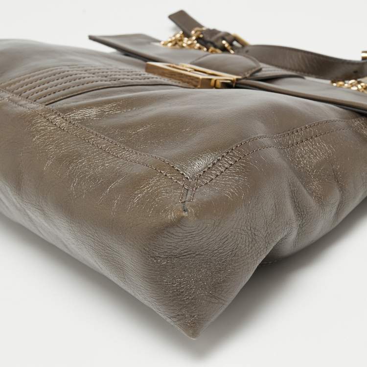 Pre Owned Fendi Metallic Grey Leather Maxi Studded Baguette Flap Shoulder Bag