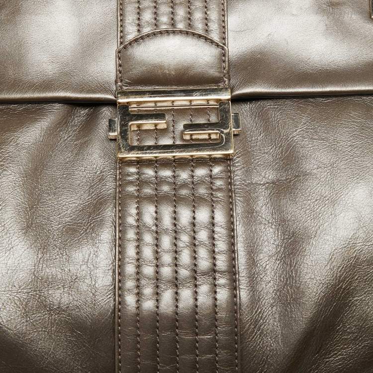 Pre Owned Fendi Metallic Grey Leather Maxi Studded Baguette Flap Shoulder Bag