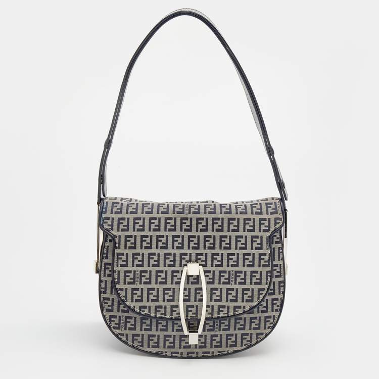 Pre Owned Fendi Navy Blue/Grey FF Canvas And Leather Flap Shoulder Bag