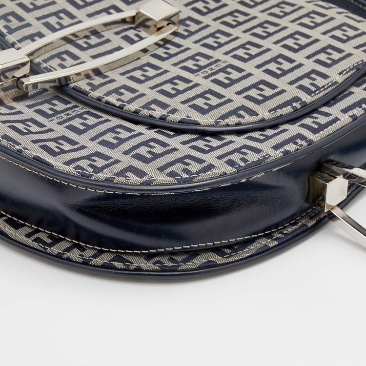 Pre Owned Fendi Navy Blue/Grey FF Canvas And Leather Flap Shoulder Bag