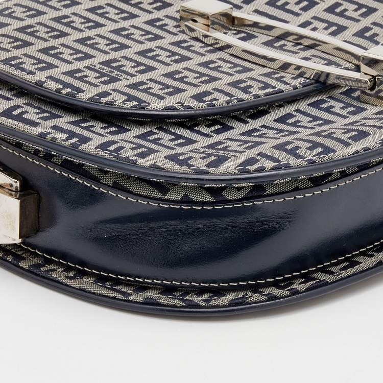 Pre Owned Fendi Navy Blue/Grey FF Canvas And Leather Flap Shoulder Bag