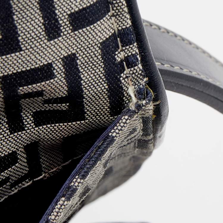 Pre Owned Fendi Navy Blue/Grey FF Canvas And Leather Flap Shoulder Bag
