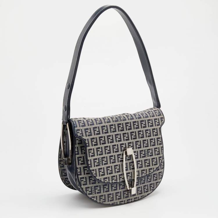 Pre Owned Fendi Navy Blue/Grey FF Canvas And Leather Flap Shoulder Bag