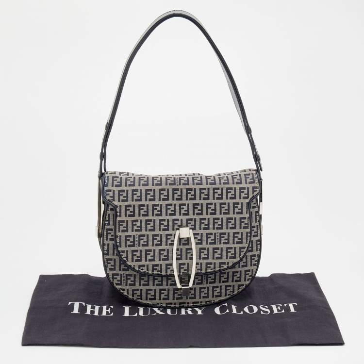 Pre Owned Fendi Navy Blue/Grey FF Canvas And Leather Flap Shoulder Bag