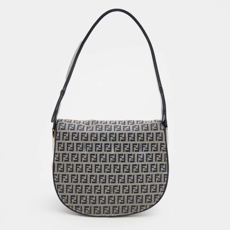 Pre Owned Fendi Navy Blue/Grey FF Canvas And Leather Flap Shoulder Bag