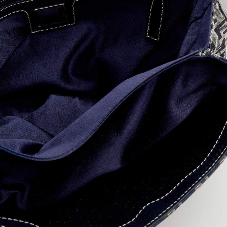 Pre Owned Fendi Navy Blue/Grey FF Canvas And Leather Flap Shoulder Bag